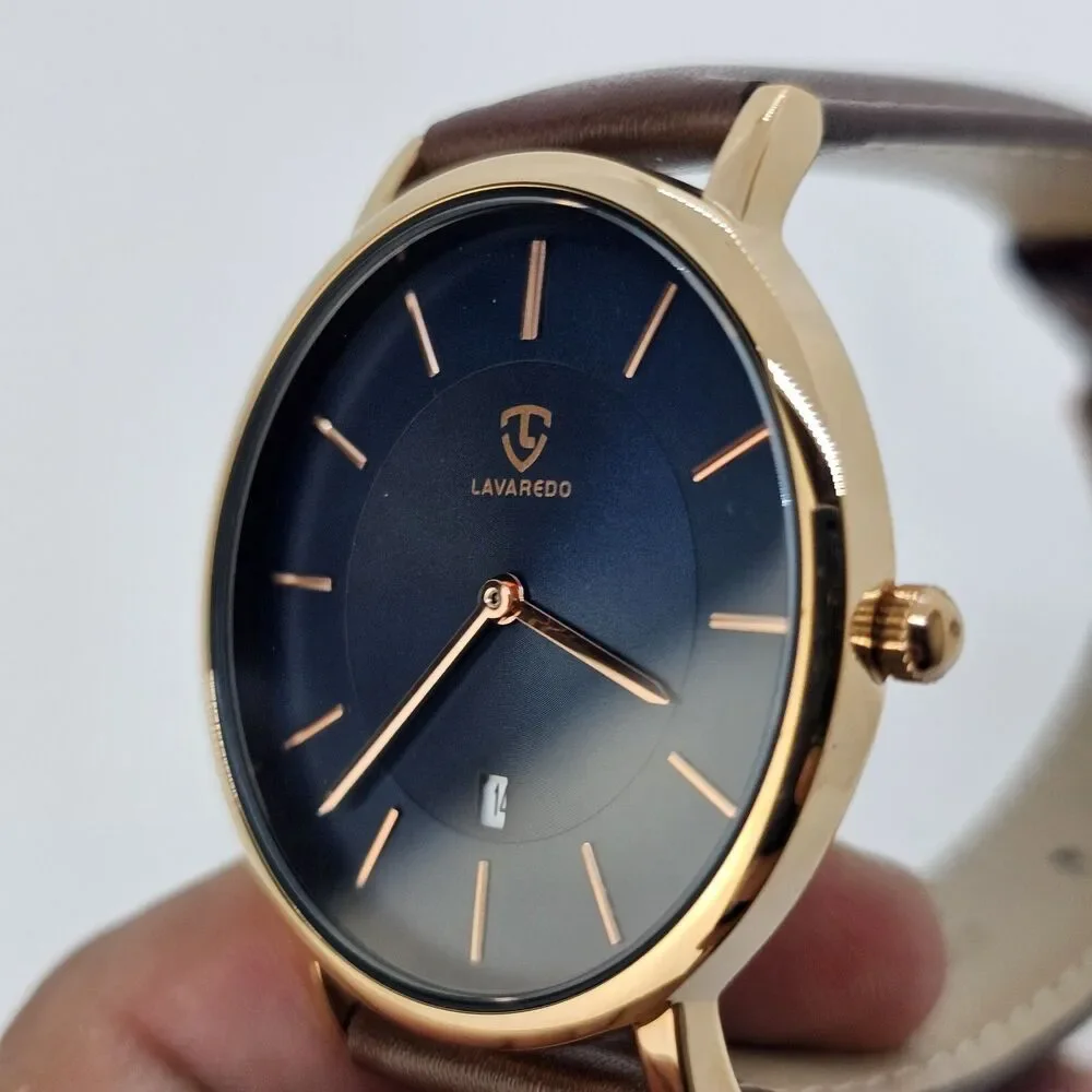 Men's Watch 40MM Gold Case Blue Dial Brown Leather Band‎ Straps Date Indicator